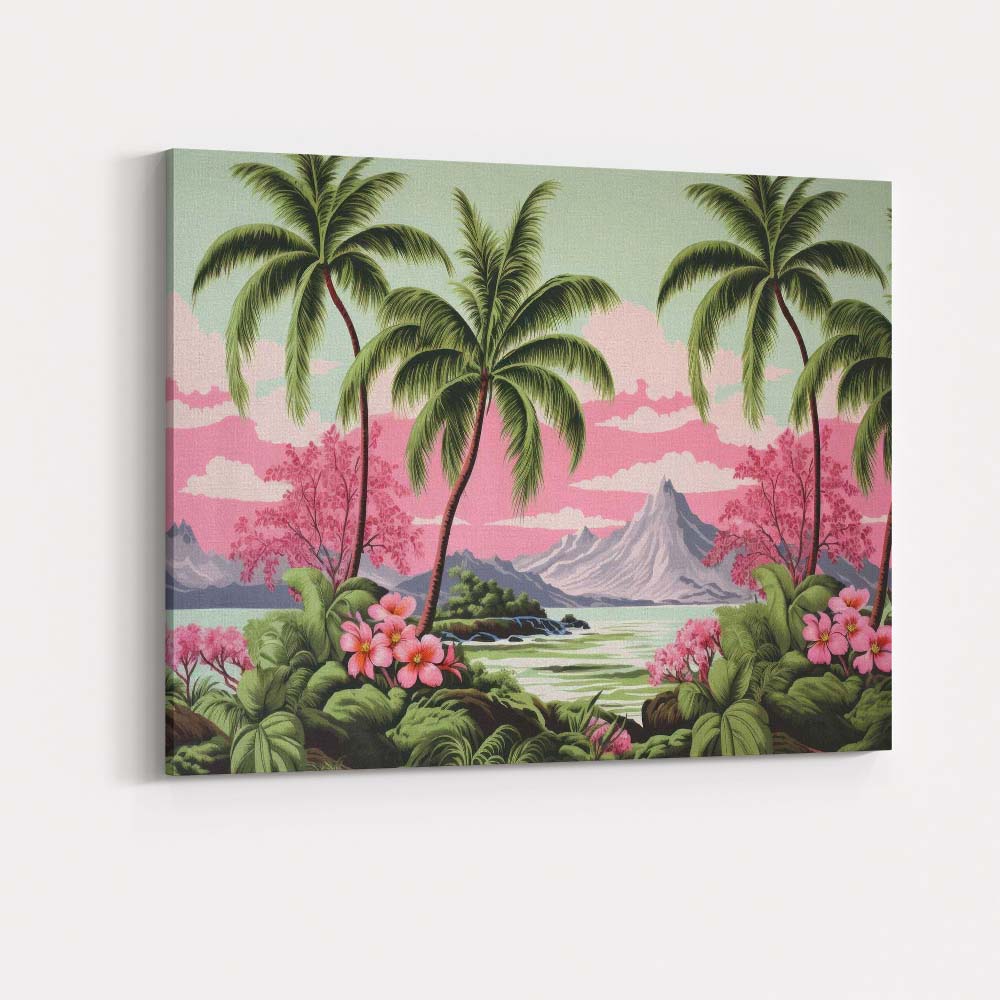 Tropical Palm Trees Pink Blossom Mountain Lake Landscape Canvas Wall Art Print Decor Picture Ready to Hang