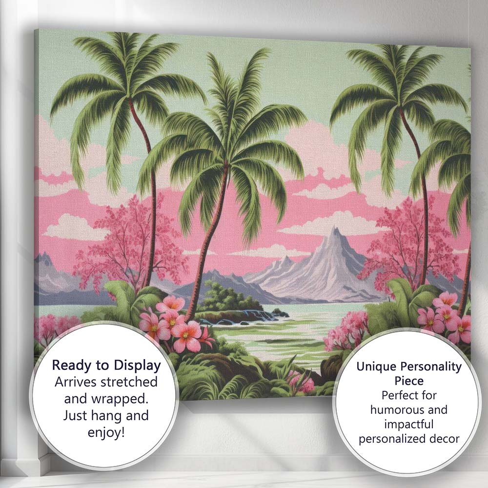 Tropical Palm Trees Pink Blossom Mountain Lake Landscape Canvas Wall Art Print Decor Picture Ready to Hang