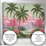 Tropical Palm Trees Pink Blossom Mountain Lake Landscape Canvas Wall Art Print Decor Picture Ready to Hang