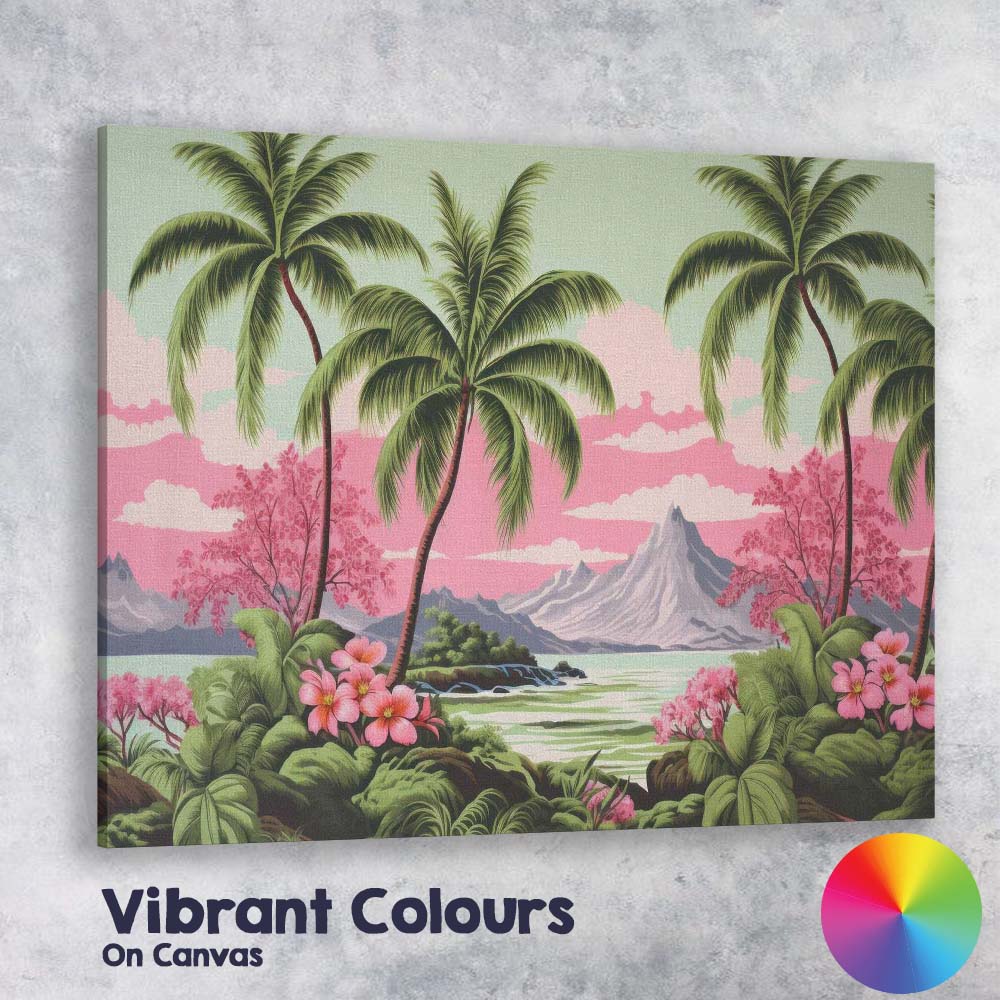 Tropical Palm Trees Pink Blossom Mountain Lake Landscape Canvas Wall Art Print Decor Picture Ready to Hang