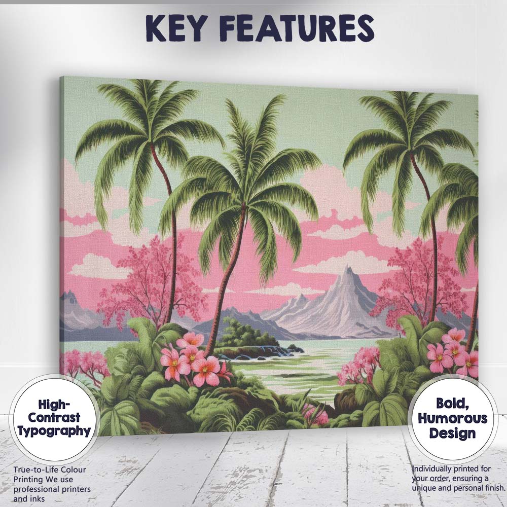 Tropical Palm Trees Pink Blossom Mountain Lake Landscape Canvas Wall Art Print Decor Picture Ready to Hang