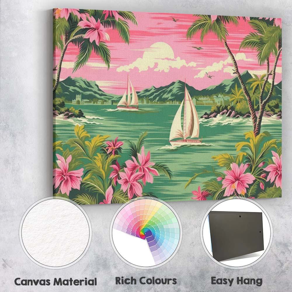 Tropical Sailing Boats Coastal Bay Pink Sunset Landscape Canvas Wall Art Print Decor Picture Ready to Hang