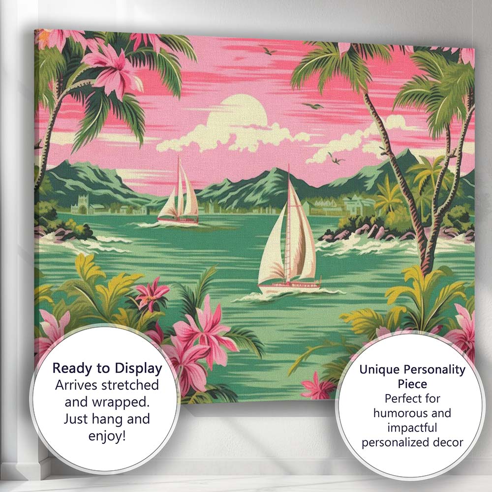 Tropical Sailing Boats Coastal Bay Pink Sunset Landscape Canvas Wall Art Print Decor Picture Ready to Hang