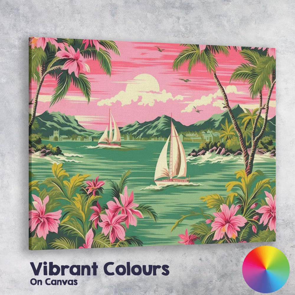 Tropical Sailing Boats Coastal Bay Pink Sunset Landscape Canvas Wall Art Print Decor Picture Ready to Hang