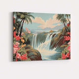 Tropical Waterfall Pink Hibiscus Scenic Landscape Canvas Wall Art Print Decor Picture Ready to Hang
