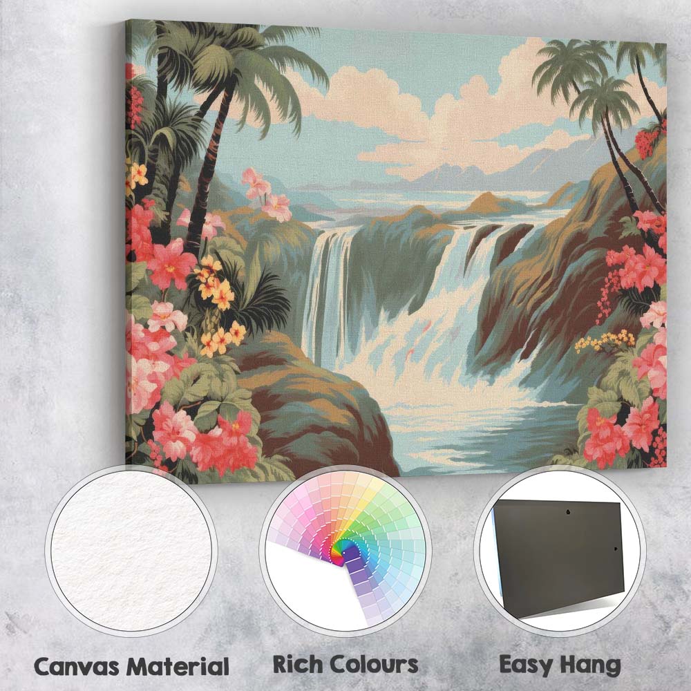 Tropical Waterfall Pink Hibiscus Scenic Landscape Canvas Wall Art Print Decor Picture Ready to Hang