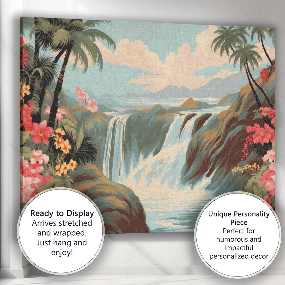 Tropical Waterfall Pink Hibiscus Scenic Landscape Canvas Wall Art Print Decor Picture Ready to Hang