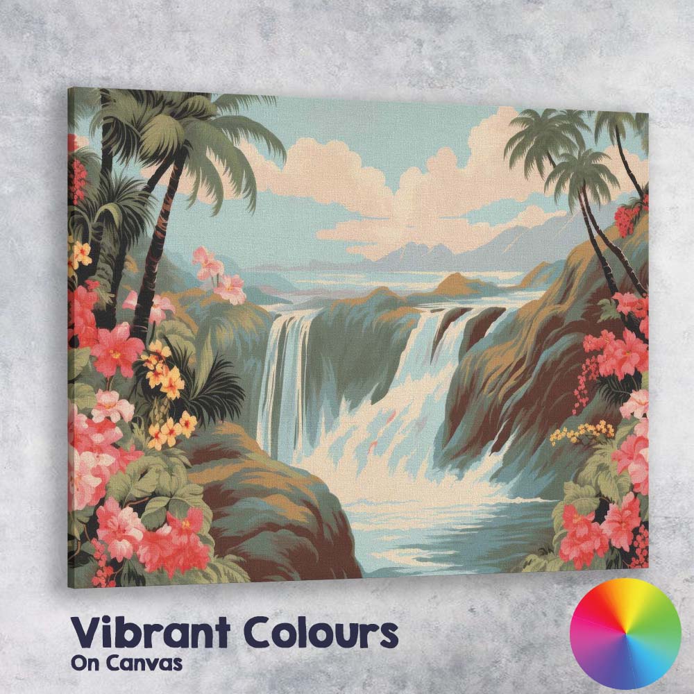 Tropical Waterfall Pink Hibiscus Scenic Landscape Canvas Wall Art Print Decor Picture Ready to Hang