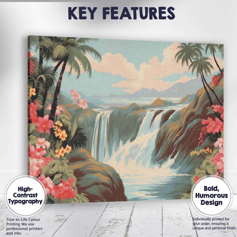 Tropical Waterfall Pink Hibiscus Scenic Landscape Canvas Wall Art Print Decor Picture Ready to Hang
