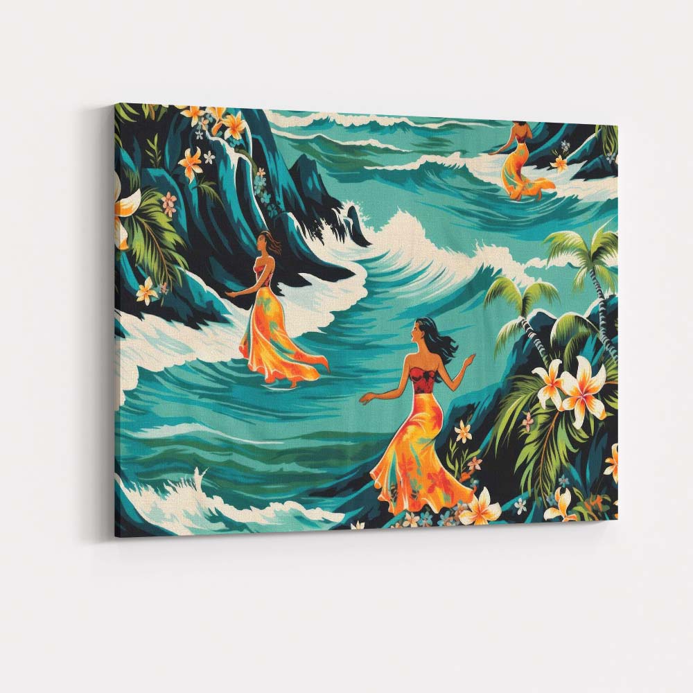 Hawaiian Women Ocean Waves Tropical Floral Illustration Canvas Wall Art Print Decor Picture Ready to Hang
