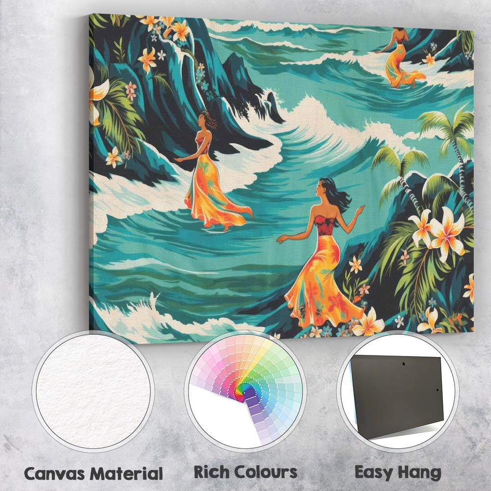 Hawaiian Women Ocean Waves Tropical Floral Illustration Canvas Wall Art Print Decor Picture Ready to Hang