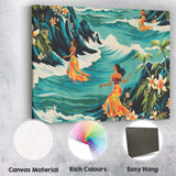 Hawaiian Women Ocean Waves Tropical Floral Illustration Canvas Wall Art Print Decor Picture Ready to Hang
