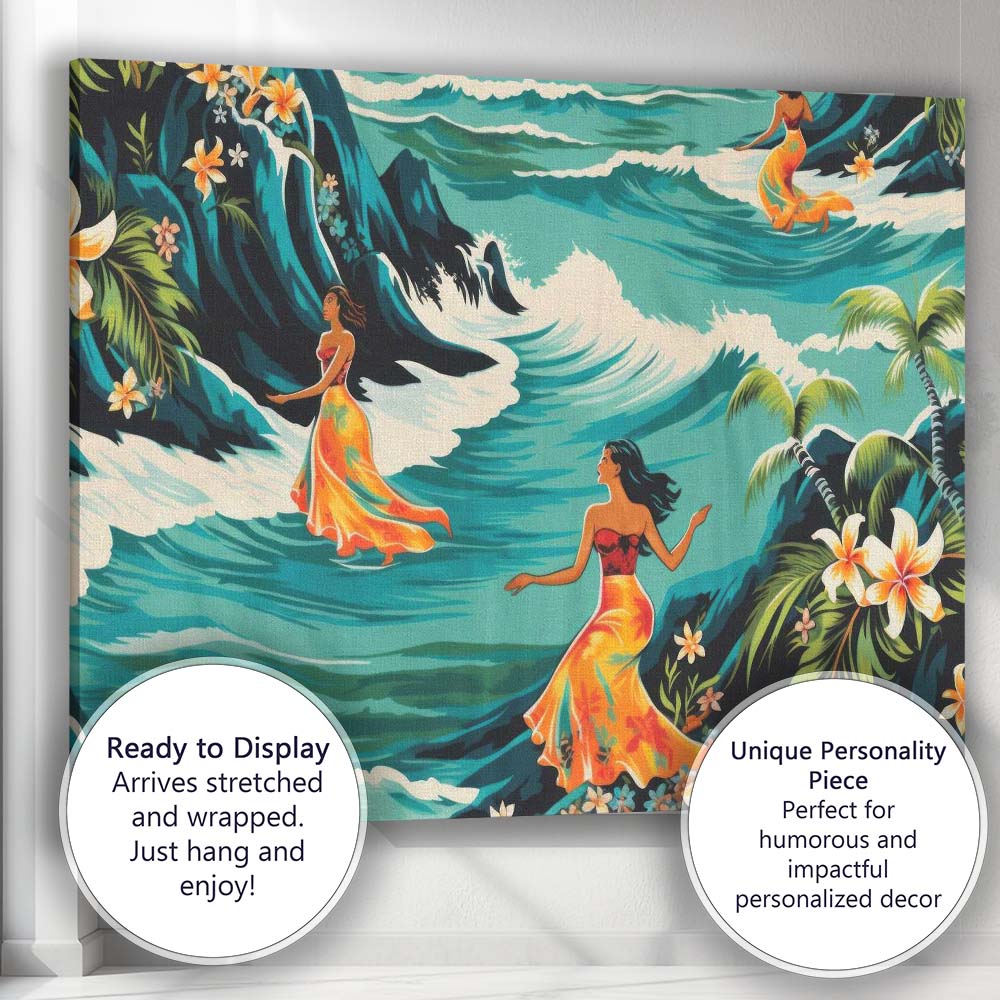 Hawaiian Women Ocean Waves Tropical Floral Illustration Canvas Wall Art Print Decor Picture Ready to Hang