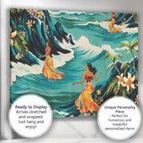 Hawaiian Women Ocean Waves Tropical Floral Illustration Canvas Wall Art Print Decor Picture Ready to Hang