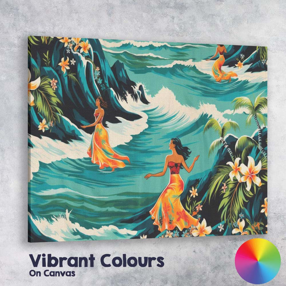 Hawaiian Women Ocean Waves Tropical Floral Illustration Canvas Wall Art Print Decor Picture Ready to Hang