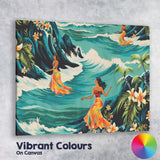 Hawaiian Women Ocean Waves Tropical Floral Illustration Canvas Wall Art Print Decor Picture Ready to Hang