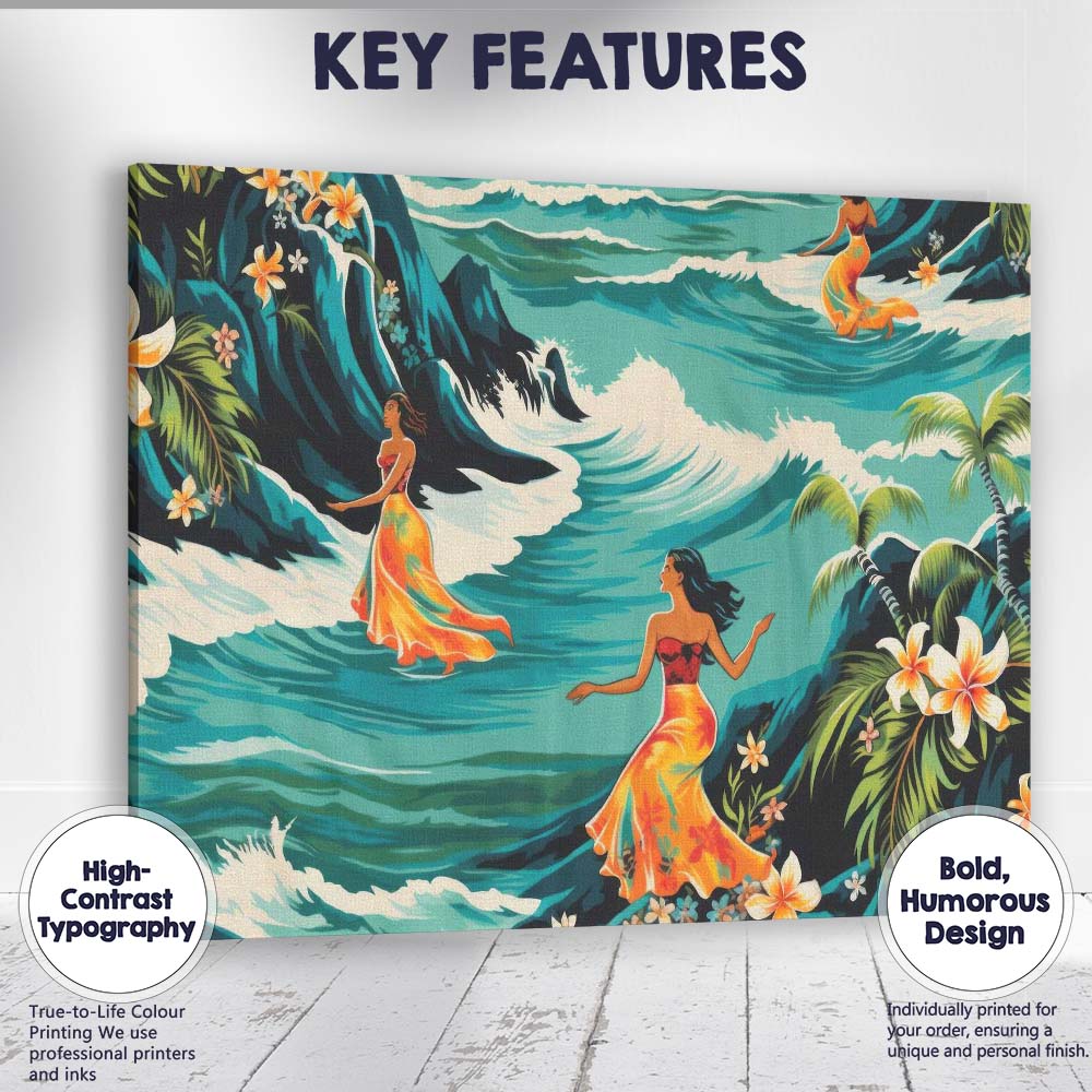 Hawaiian Women Ocean Waves Tropical Floral Illustration Canvas Wall Art Print Decor Picture Ready to Hang