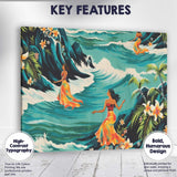 Hawaiian Women Ocean Waves Tropical Floral Illustration Canvas Wall Art Print Decor Picture Ready to Hang