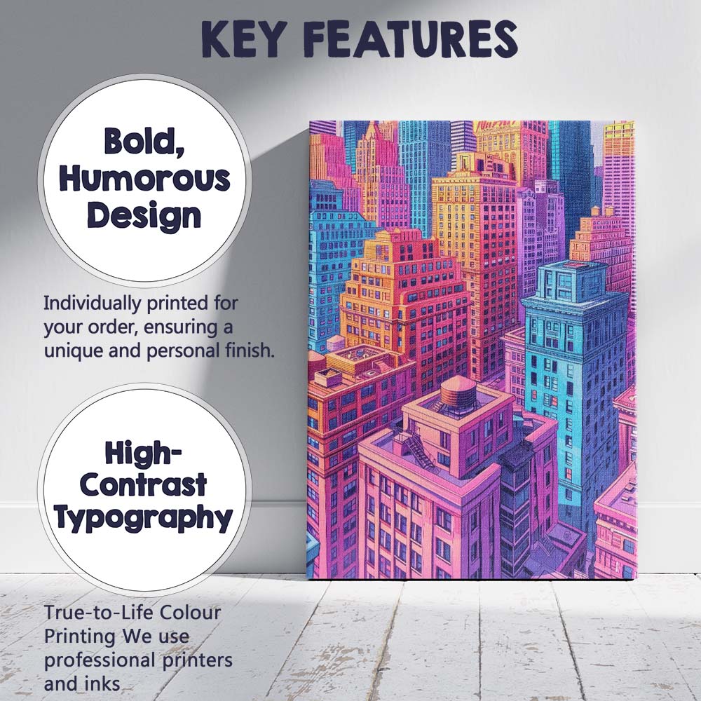 Colourful Modern City Skyline High Rise Buildings Illustration Canvas Wall Art Print Decor Picture Ready to Hang