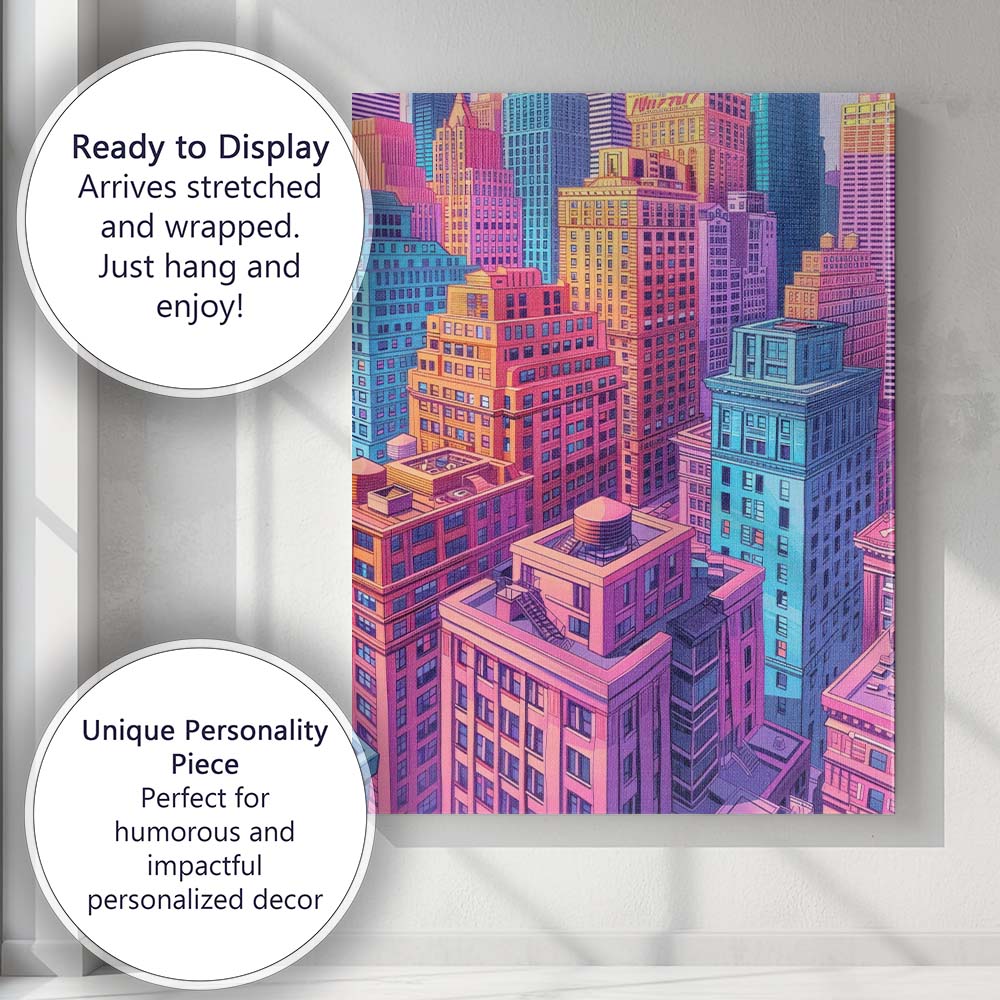 Colourful Modern City Skyline High Rise Buildings Illustration Canvas Wall Art Print Decor Picture Ready to Hang