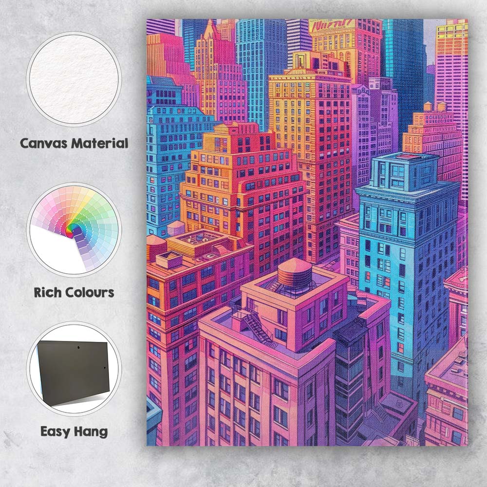Colourful Modern City Skyline High Rise Buildings Illustration Canvas Wall Art Print Decor Picture Ready to Hang