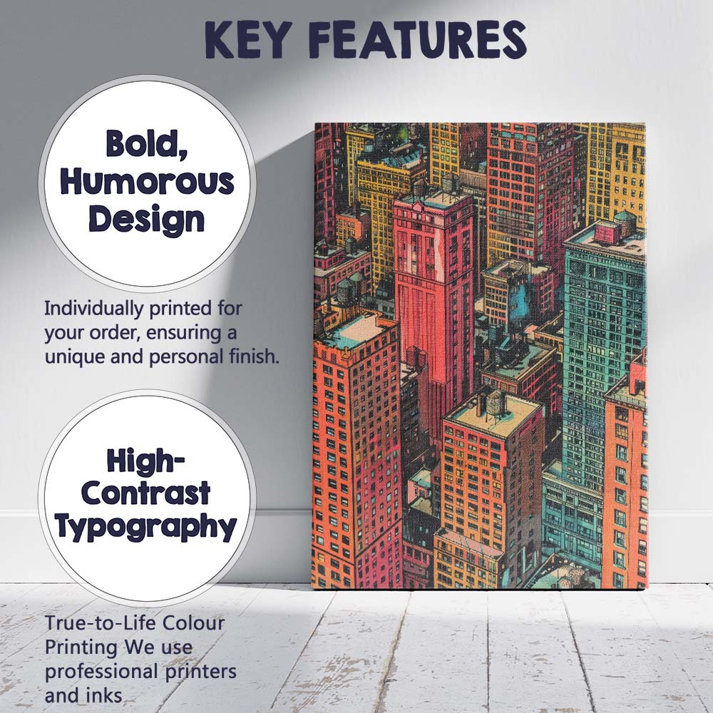 Retro Downtown City Rooftops Urban Architecture Illustration Canvas Wall Art Print Decor Picture Ready to Hang