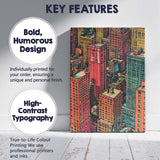Retro Downtown City Rooftops Urban Architecture Illustration Canvas Wall Art Print Decor Picture Ready to Hang