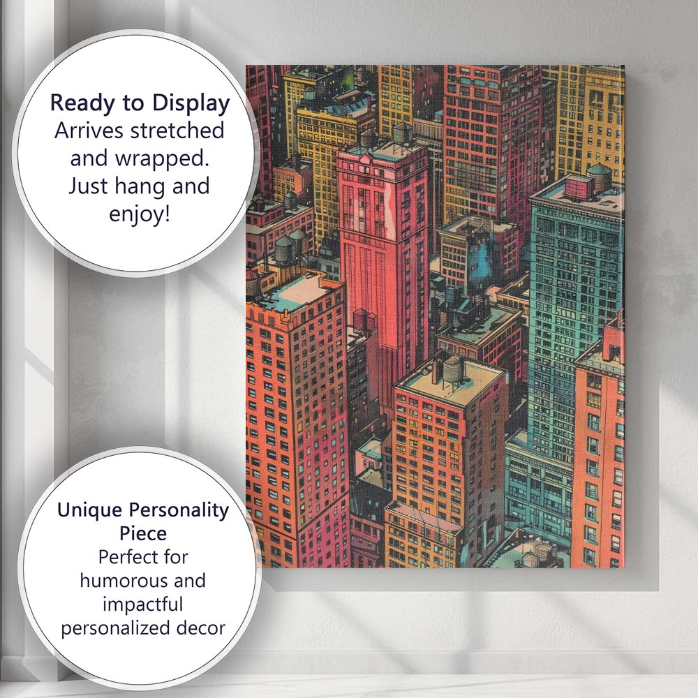 Retro Downtown City Rooftops Urban Architecture Illustration Canvas Wall Art Print Decor Picture Ready to Hang