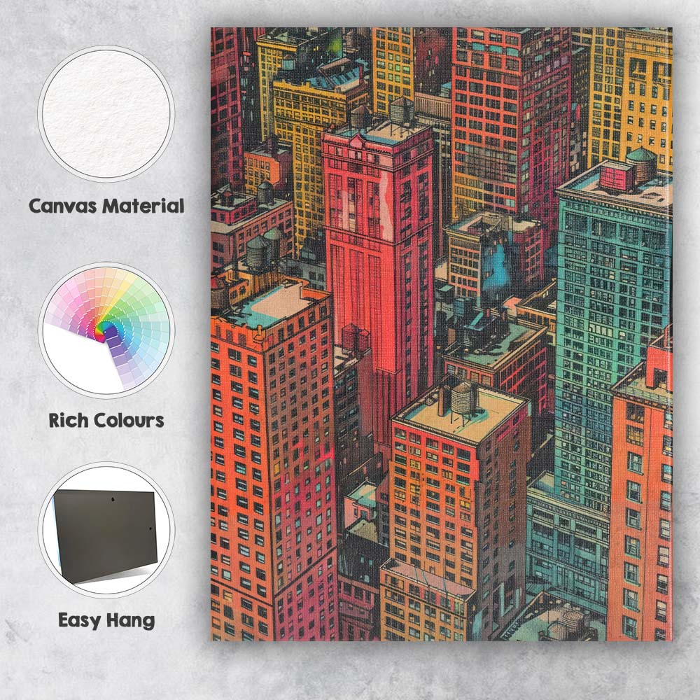 Retro Downtown City Rooftops Urban Architecture Illustration Canvas Wall Art Print Decor Picture Ready to Hang