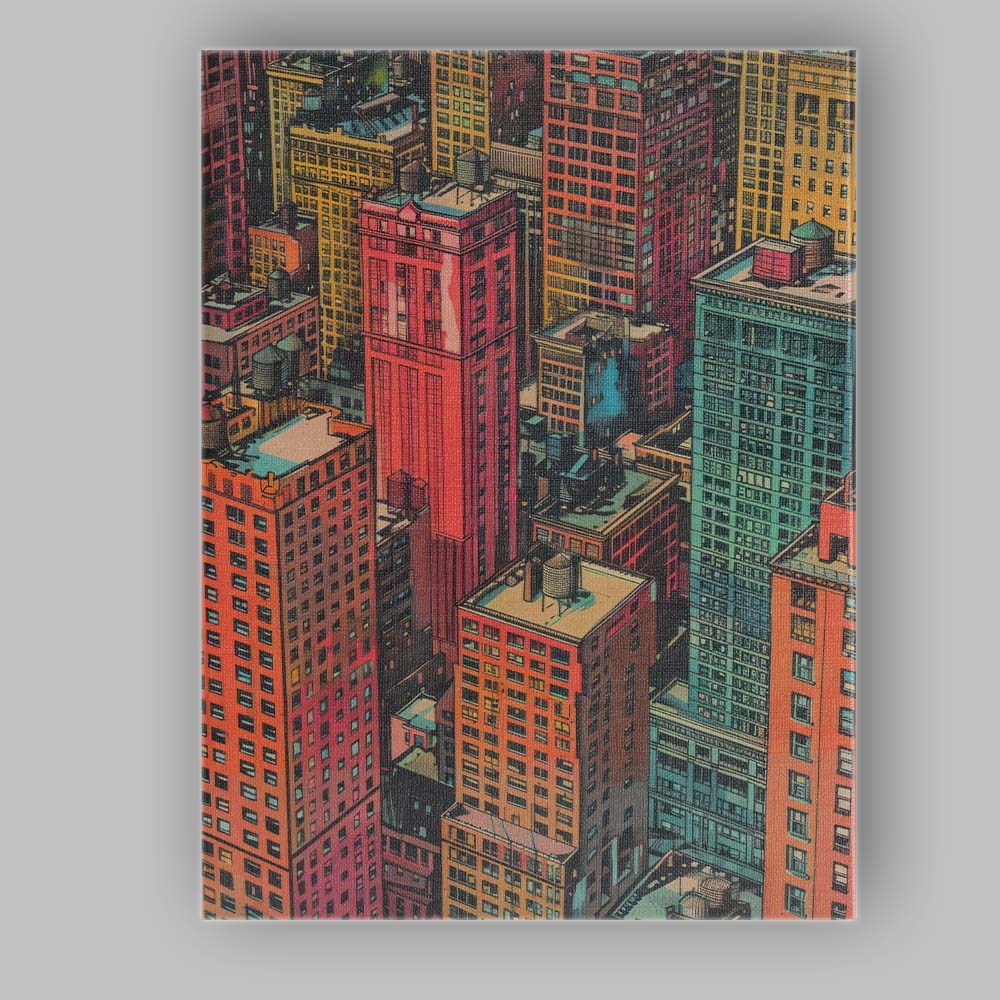 Retro Downtown City Rooftops Urban Architecture Illustration Canvas Wall Art Print Decor Picture Ready to Hang