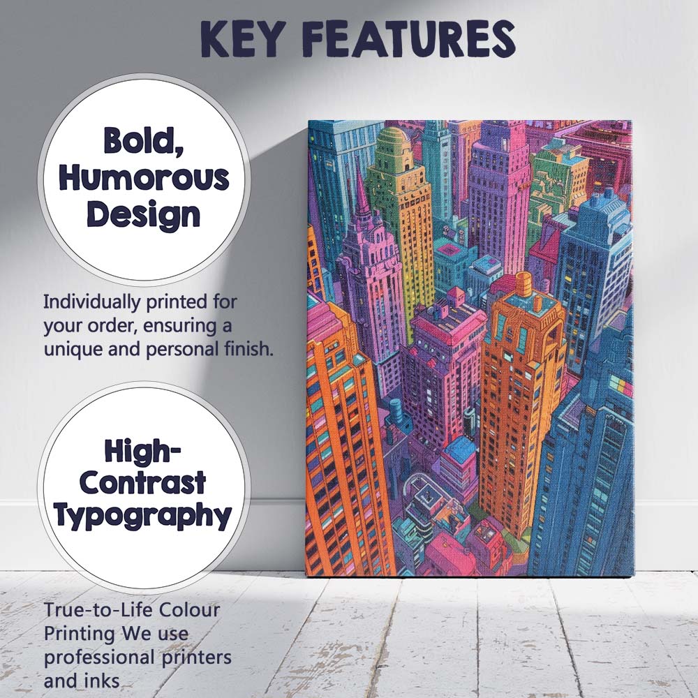 Stylised Colourful Downtown Skyline Architectural City Illustration Canvas Wall Art Print Decor Picture Ready to Hang
