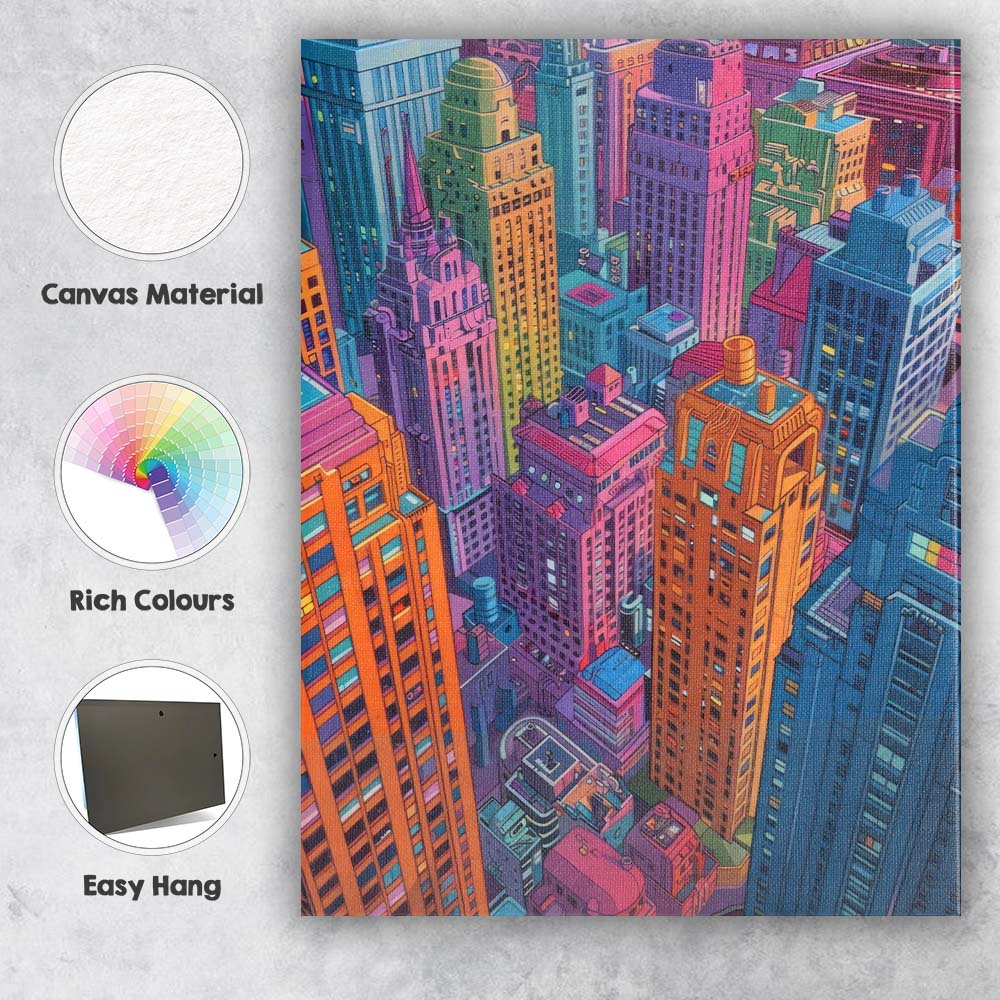 Stylised Colourful Downtown Skyline Architectural City Illustration Canvas Wall Art Print Decor Picture Ready to Hang