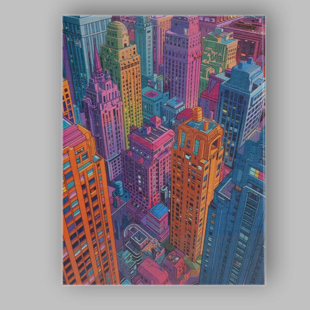 Stylised Colourful Downtown Skyline Architectural City Illustration Canvas Wall Art Print Decor Picture Ready to Hang