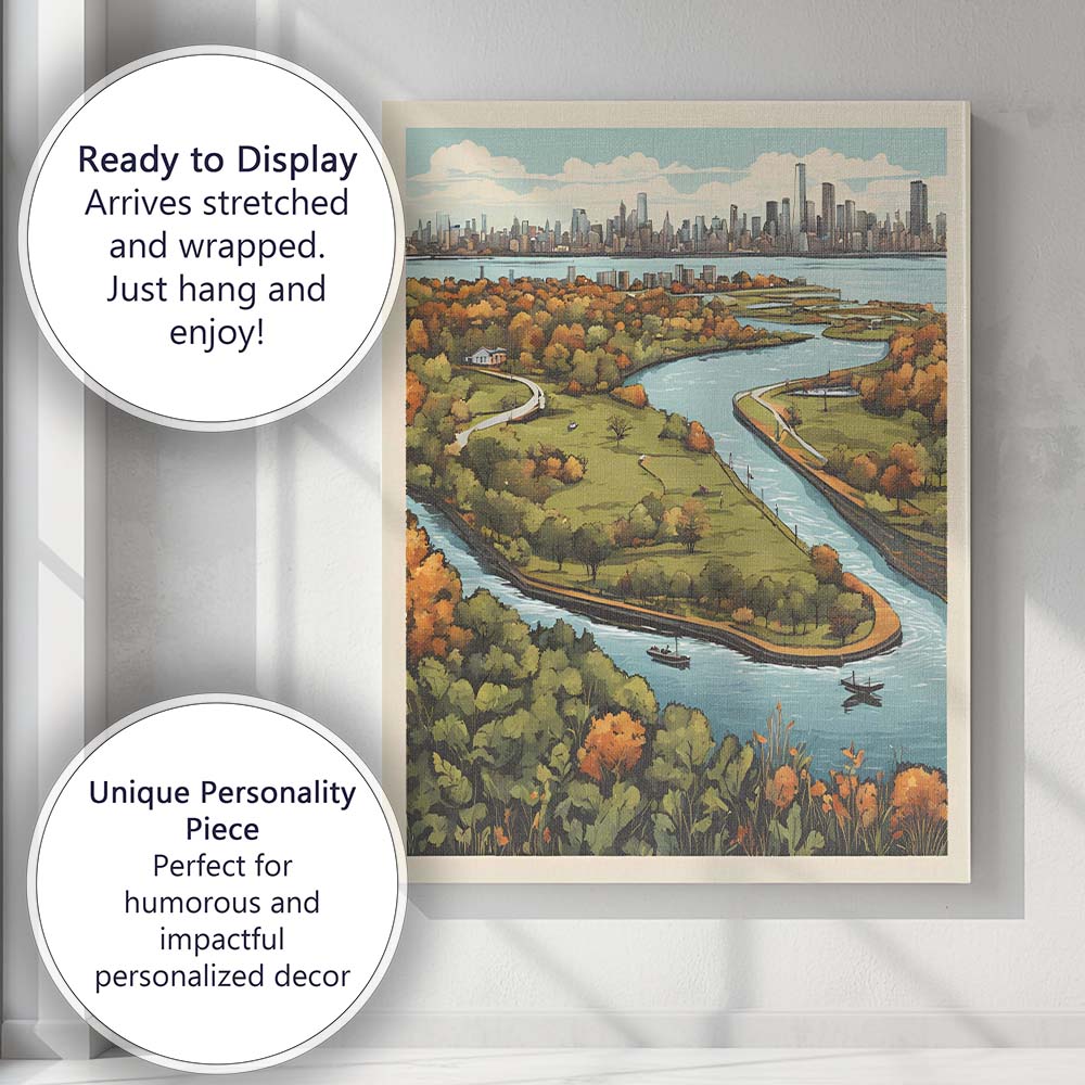 Autumn Riverside Park Panoramic Skyline Landscape Illustration Canvas Wall Art Print Decor Picture Ready to Hang