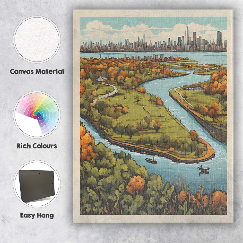 Autumn Riverside Park Panoramic Skyline Landscape Illustration Canvas Wall Art Print Decor Picture Ready to Hang