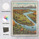 Autumn Riverside Park Panoramic Skyline Landscape Illustration Canvas Wall Art Print Decor Picture Ready to Hang