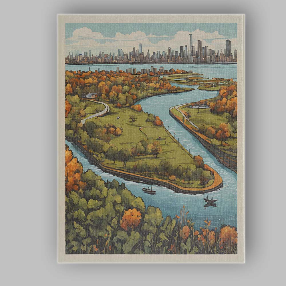 Autumn Riverside Park Panoramic Skyline Landscape Illustration Canvas Wall Art Print Decor Picture Ready to Hang