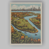 Autumn Riverside Park Panoramic Skyline Landscape Illustration Canvas Wall Art Print Decor Picture Ready to Hang