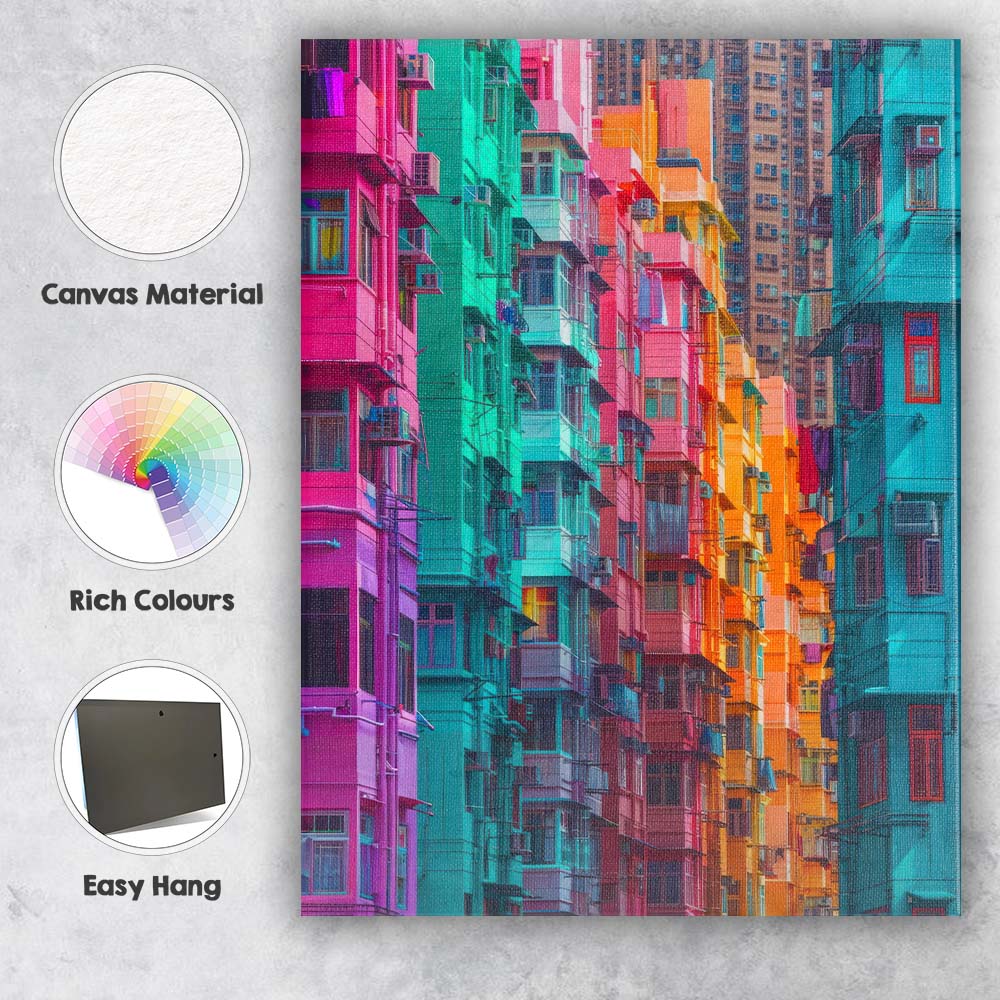 Abstract Neon Hong Kong Apartment Buildings Urban Cityscape Canvas Wall Art Print Decor Picture Ready to Hang