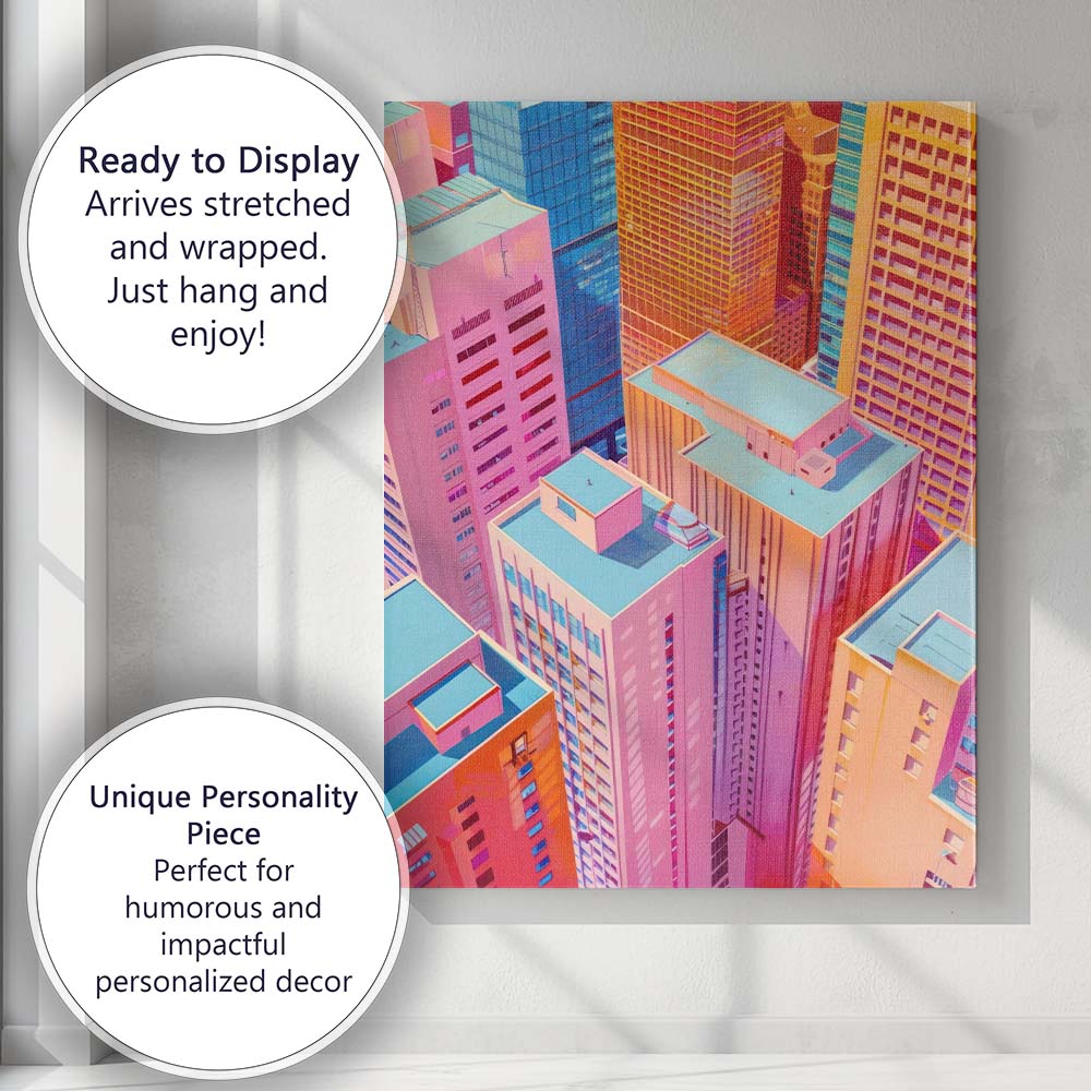 Vibrant Pastel Modern City Skyscraper Aerial Architecture Canvas Wall Art Print Decor Picture Ready to Hang