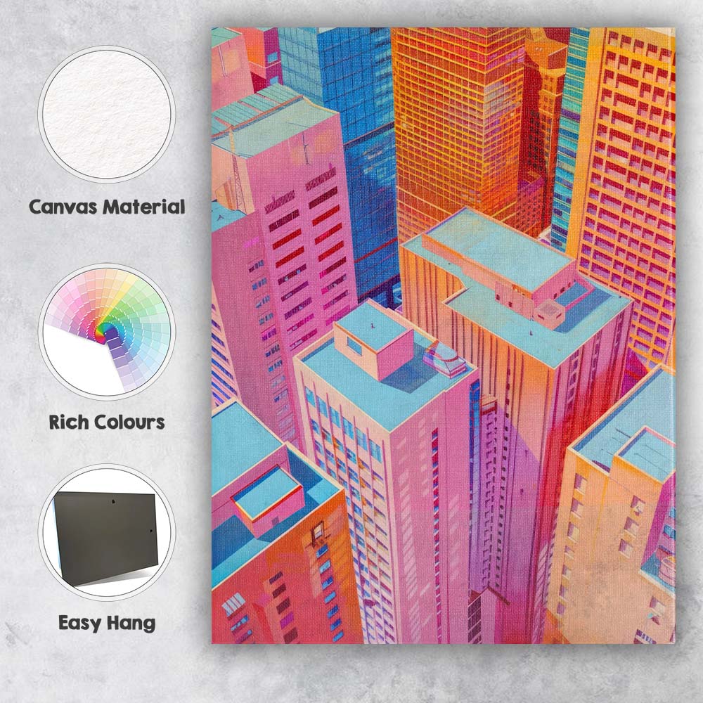 Vibrant Pastel Modern City Skyscraper Aerial Architecture Canvas Wall Art Print Decor Picture Ready to Hang