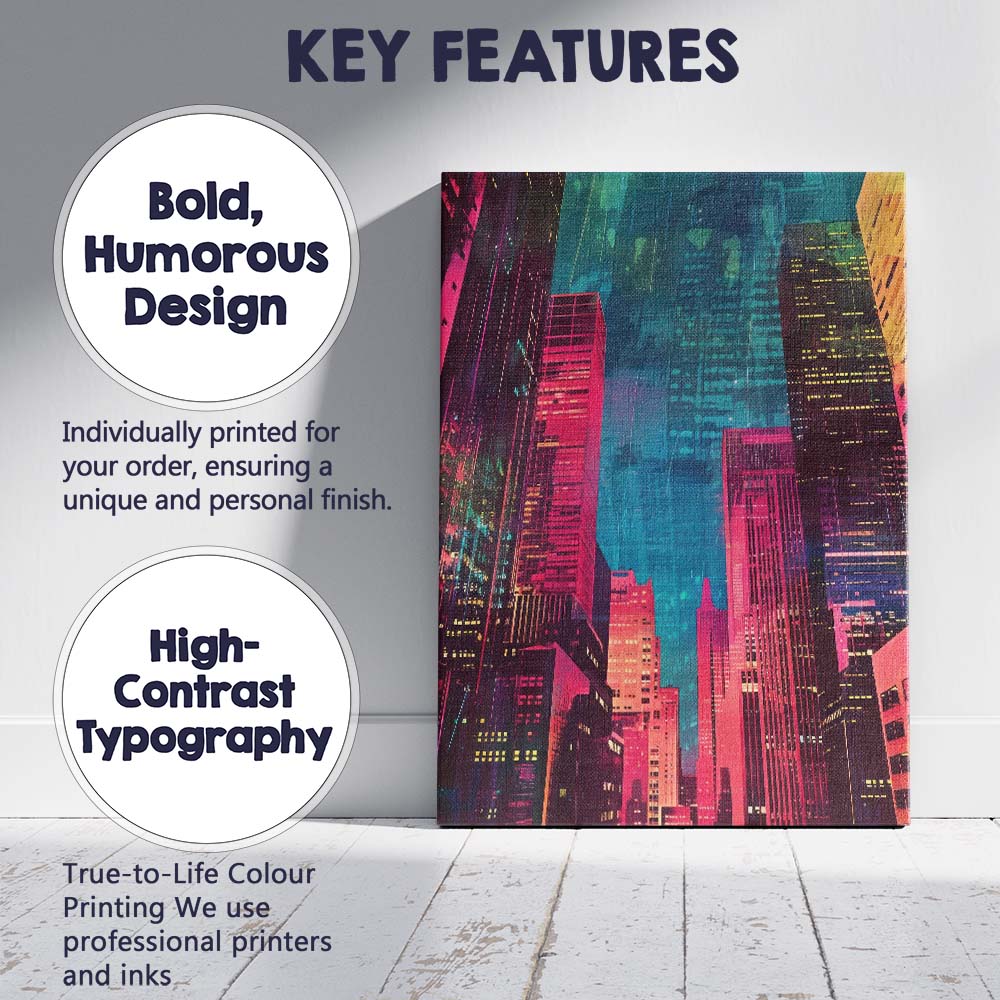 Neon Night City Skyline Cyberpunk Skyscrapers Canvas Wall Art Print Decor Picture Ready to Hang