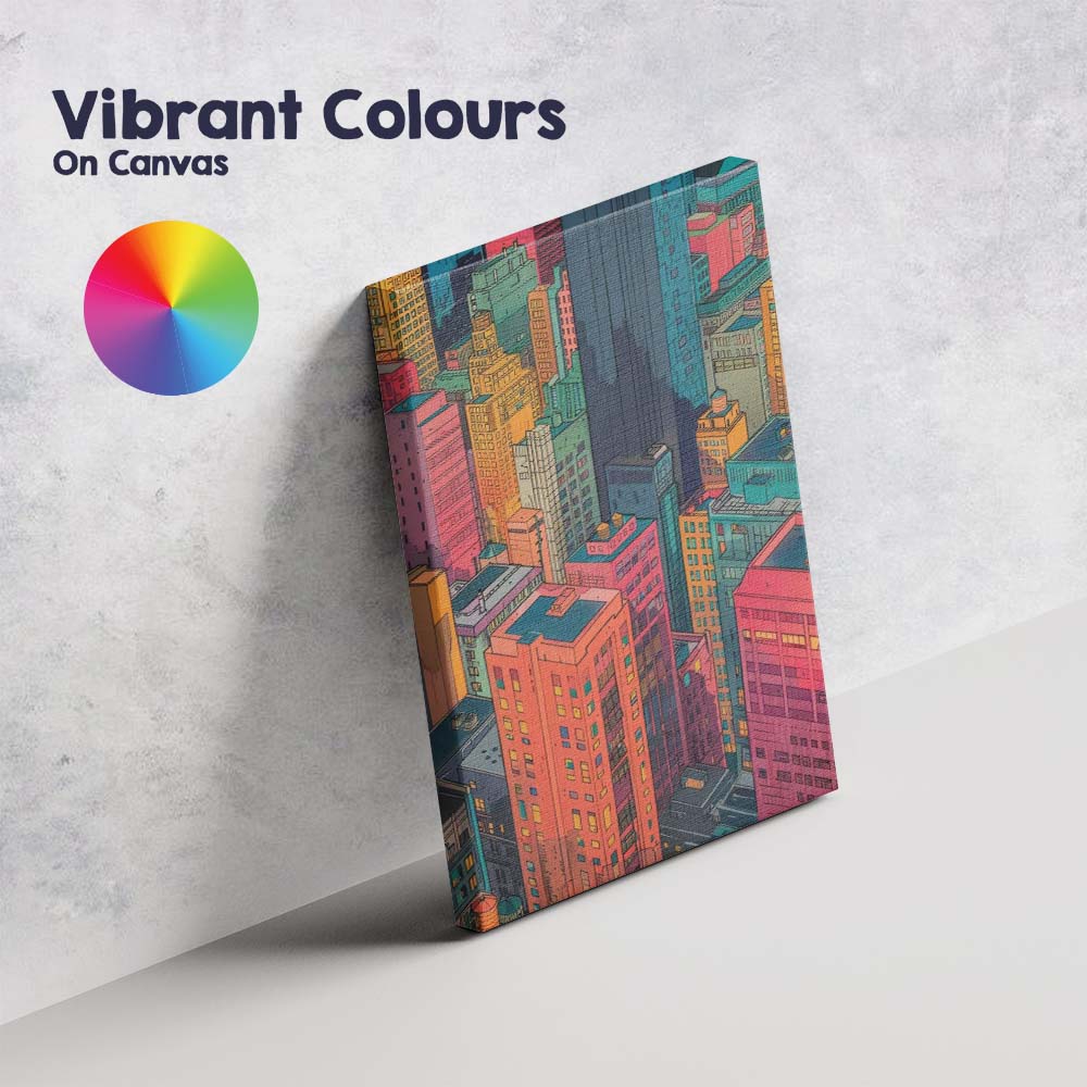 Colourful Illustrated Downtown City Buildings Skyline Canvas Wall Art Print Decor Picture Ready to Hang