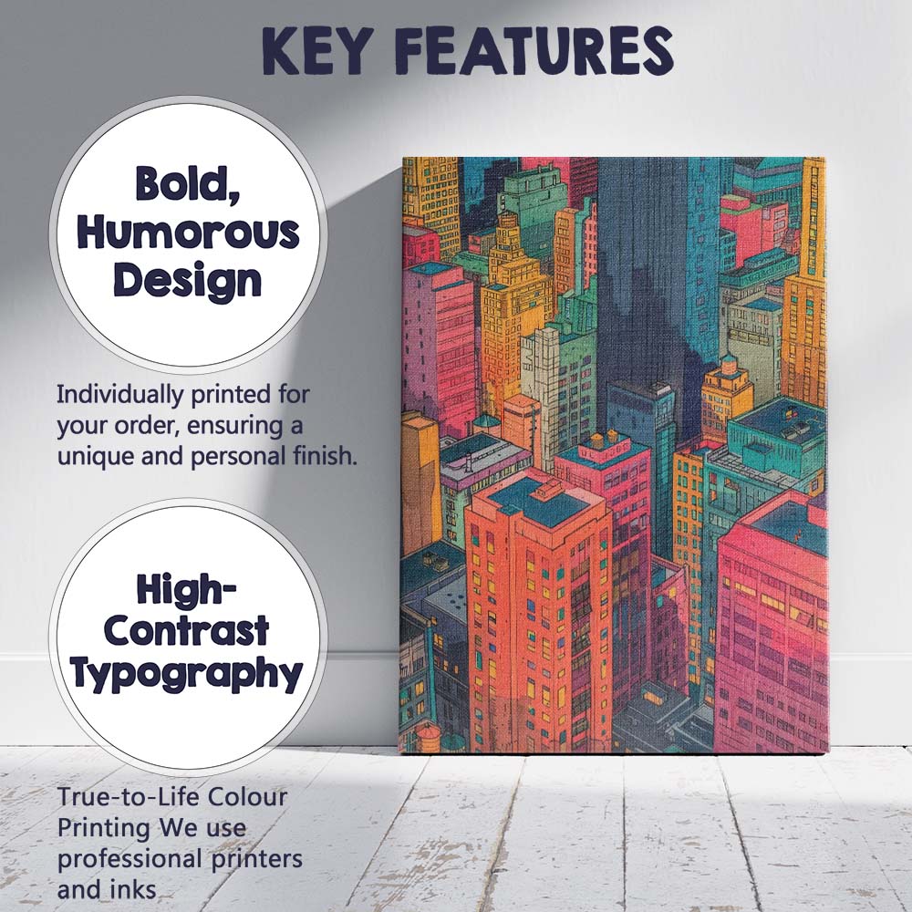 Colourful Illustrated Downtown City Buildings Skyline Canvas Wall Art Print Decor Picture Ready to Hang