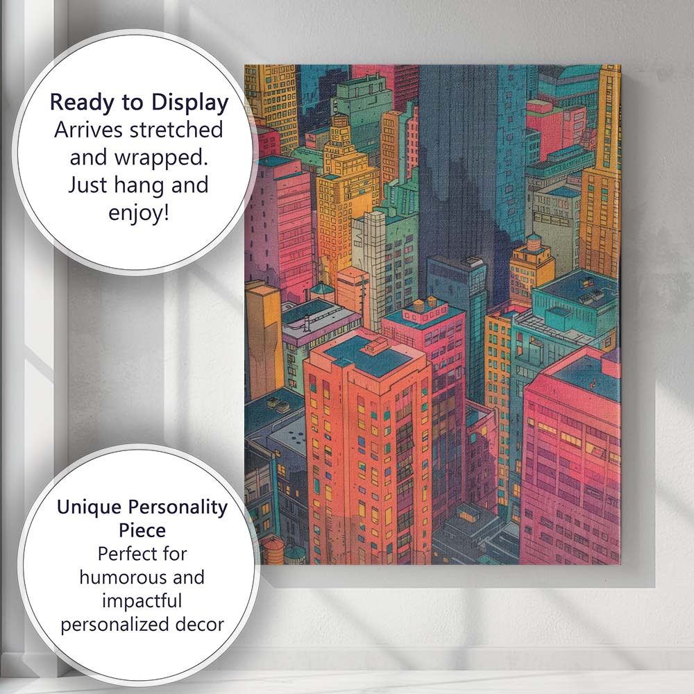 Colourful Illustrated Downtown City Buildings Skyline Canvas Wall Art Print Decor Picture Ready to Hang