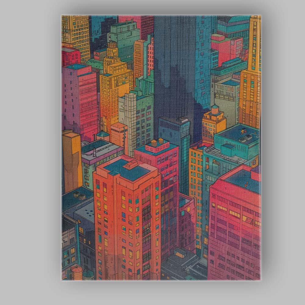 Colourful Illustrated Downtown City Buildings Skyline Canvas Wall Art Print Decor Picture Ready to Hang