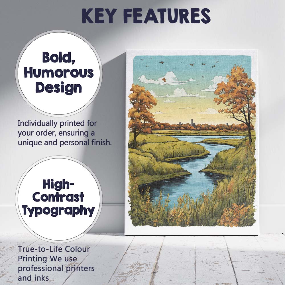 Peaceful Autumn River Landscape Nature Illustration Canvas Wall Art Print Decor Picture Ready to Hang
