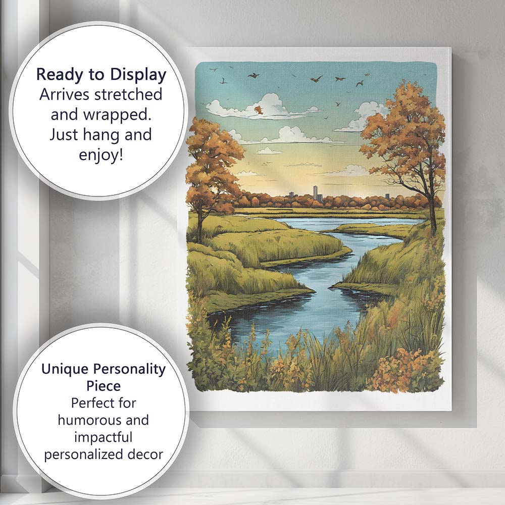 Peaceful Autumn River Landscape Nature Illustration Canvas Wall Art Print Decor Picture Ready to Hang
