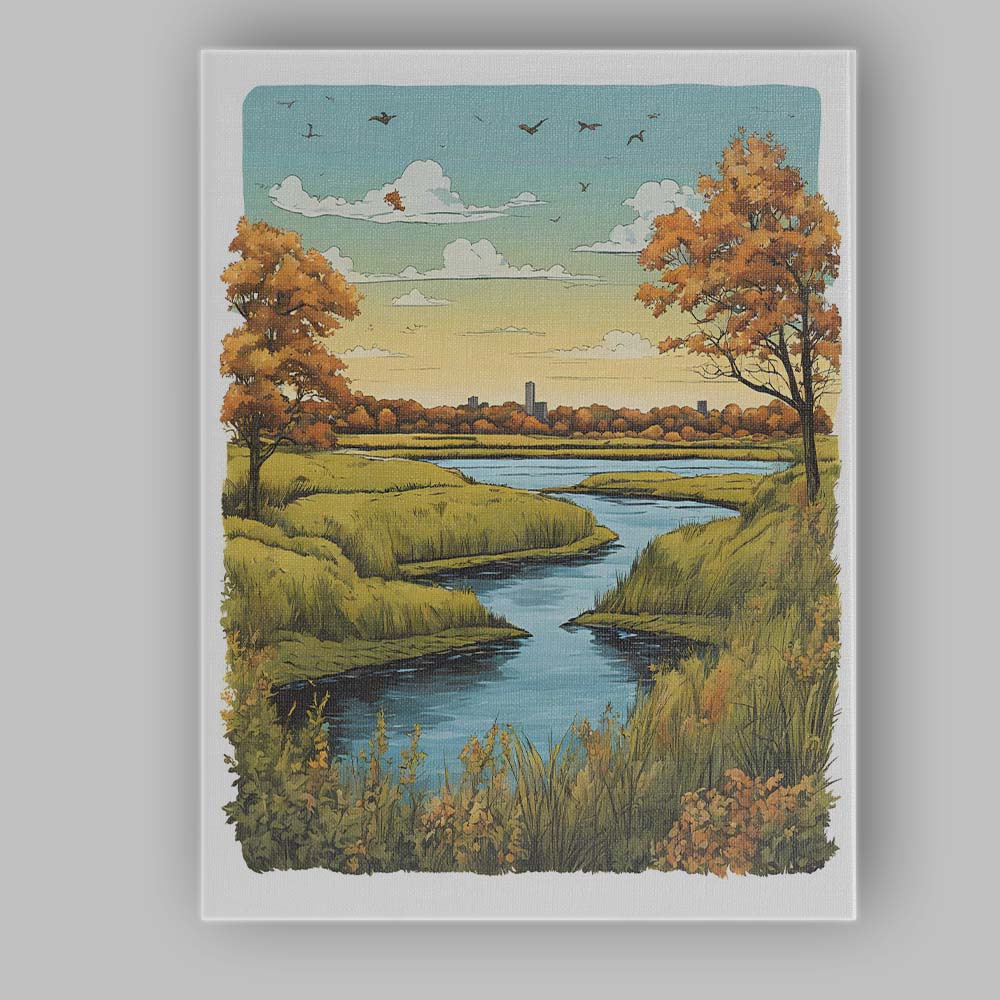 Peaceful Autumn River Landscape Nature Illustration Canvas Wall Art Print Decor Picture Ready to Hang