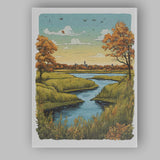 Peaceful Autumn River Landscape Nature Illustration Canvas Wall Art Print Decor Picture Ready to Hang